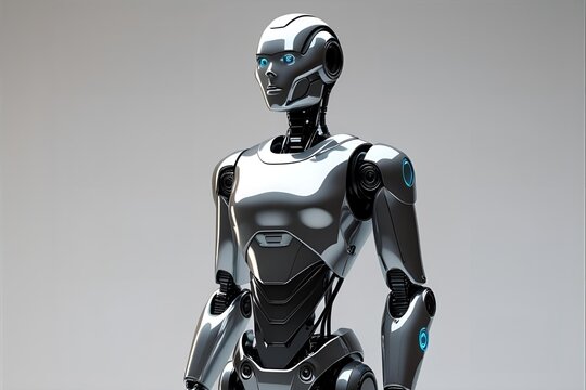 A futuristic robot standing alone, minimalistic design, white empty background, high detail, front view.