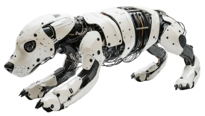 Futuristic robot dog hybrid with exposed wires and sleek white armor, showcasing advanced technology and innovation. design is both mechanical and lifelike, evoking curiosity., isolated