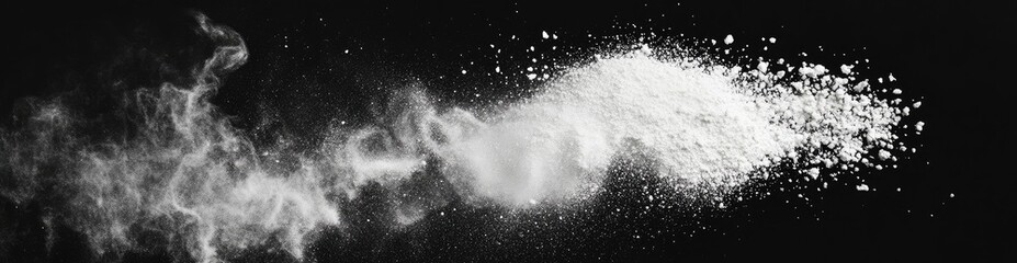 White powder splash on a black background, a horizontal banner with a copy space area.