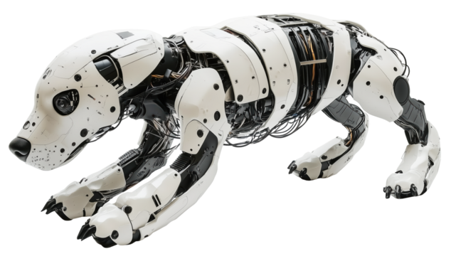 Futuristic robot dog hybrid with exposed wires and sleek white armor, showcasing advanced technology and innovation. design is both mechanical and lifelike, evoking curiosity., isolated