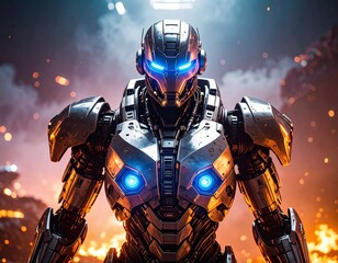 Futuristic armored robot warrior with glowing blue energy cores in apocalyptic battlefield
