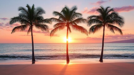 Tropical sunset beach scene with palm trees