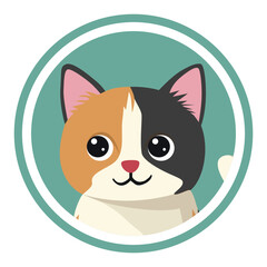 Cute calico cat vector illustration featuring a friendly cartoon cat face with distinct orange, black, and white markings, wide eyes, and a playful expression. Perfect for pet-themed designs.