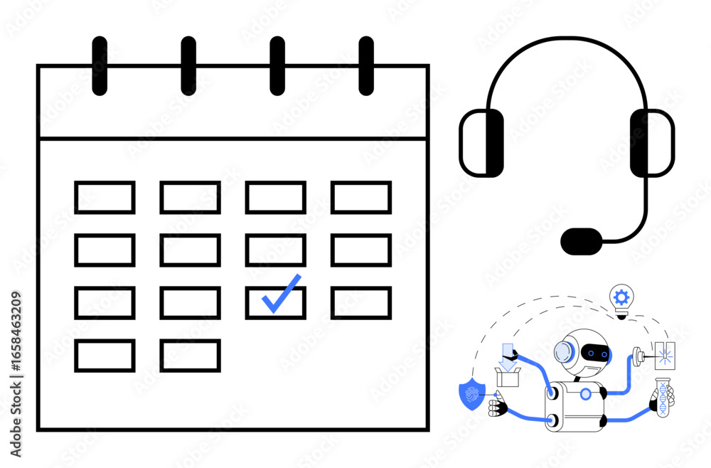 Aufkleber calendar page with checkmark, headset, and robot performing tasks highlights scheduling, ai automati