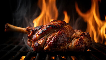Delicious grilled pork shank with bone in and blazing fire background perfect for food bloggers and culinary enthusiasts