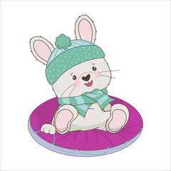 Adorable bunny wearing a winter hat and scarf, sitting on a colorful cushion in this charming vector illustration. Perfect for children s designs and holiday-themed projects.