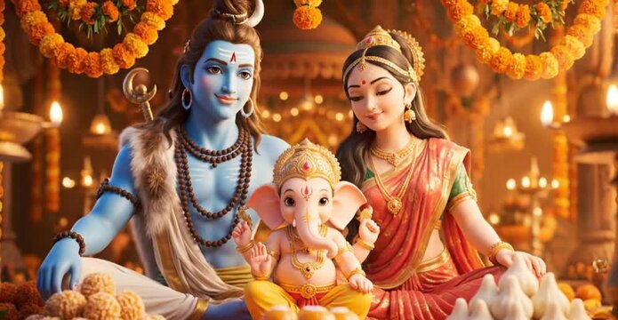 Shiva, Parvati, and Ganesha in Divine Blessings Pose &ndash; Hindu Festival Art