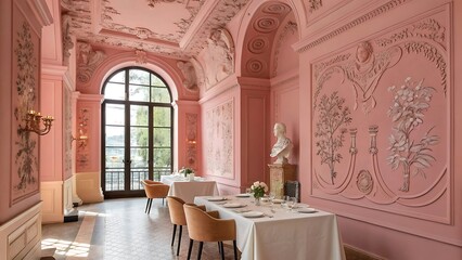 Luxurious pink restaurant interior with ornate decorations, elegant furniture, and historic architecture, creating a romantic and stylish dining experience in a grand and beautifully designed space