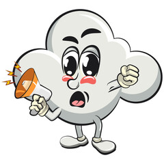 cute cloud cartoon mascot character vector illustration out loud with loudspeaker, work of hand drawn