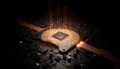 Abstract High Tech Microchip with Glowing Particles