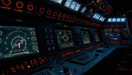 Obraz premium Futuristic control room with glowing monitors tracking nuclear operations precision