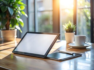 Fototapeta premium Laptop and tablet on a wooden table with coffee and plants in sunlight