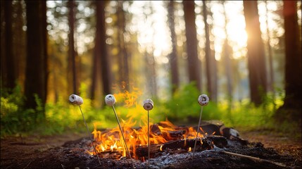 Close-up of marshmallows roasting over golden campfire with soft glow.