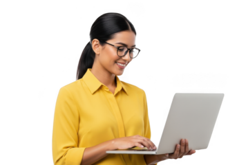 Young woman in glasses using a laptop isolated on transparent background