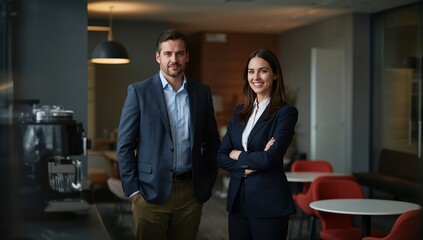Executives engage in discussion within modern office break area of sophistication