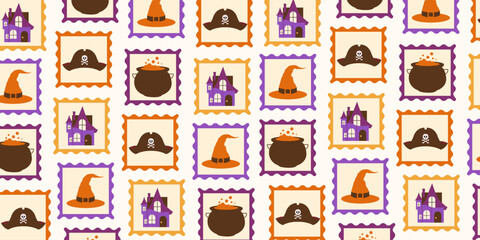 Halloween postage stamps seamless pattern. Vintage spooky background with haunted house, witch hats, pirate hats, and cauldrons. Retro autumn holiday design for fabric, wallpaper, and gift wrap