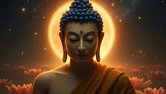 portrait of lord buddha with glowing light and lotus background