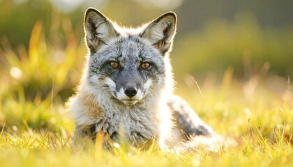 Gray fox in grassy meadow, sunlit