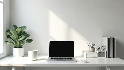 Minimalist corner desk setup features closed laptop, coffee cup, potted plant. Organized workspace with clean white walls, natural light. Includes stack of books, pencils. Serene, modern office
