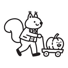 Halloween coloring page, a squirrel pushing a pumpkin cart