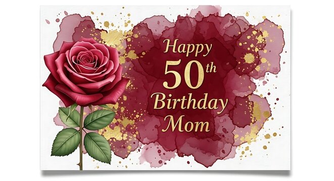 Classic Red Rose and Burgundy Watercolor Splatter for 50th Birthday Mom mother celebration