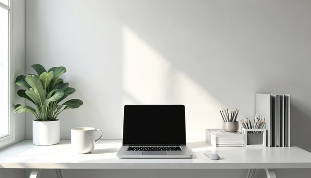 Minimalist corner desk setup features closed laptop, coffee cup, potted plant. Organized workspace with clean white walls, natural light. Includes stack of books, pencils. Serene, modern office