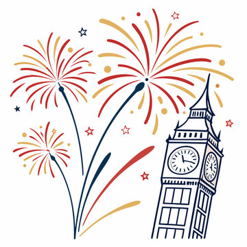 Big ben clock tower in london with red blue and gold fireworks and stars celebrating a special event