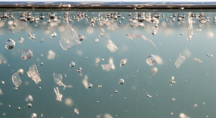 Floating plastic fragments and bubbles in water create a visually striking environmental statement