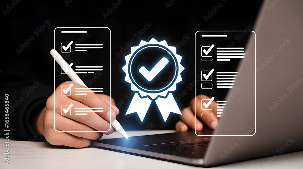 Poster iso certification and quality assurance, businessman working with computer and tablet, symbolizing c