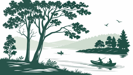Serene lake landscape with silhouetted trees and people rowing boats under a white sky © shahin9