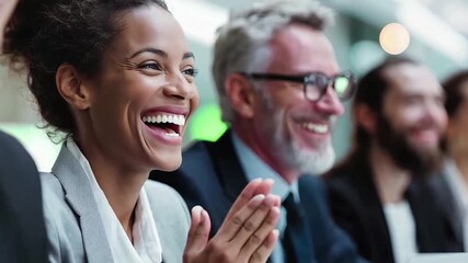 A businesswoman and a business man laughing and applauding in a meeting. Their faces display joy and satisfaction. Other people around them are joyful. - Powered by Adobe