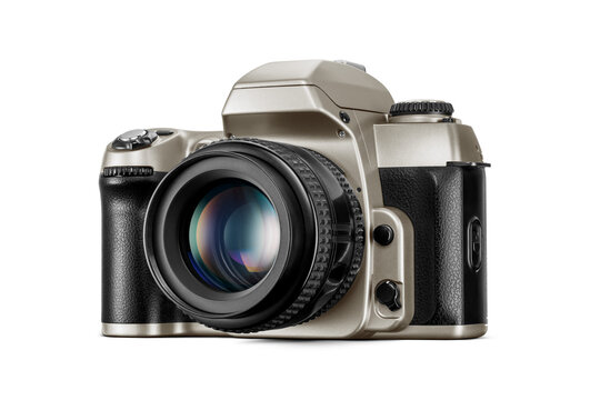 High-quality vintage SLR film photo camera isolated. Silver and black plastic color. Transparent PNG image.
