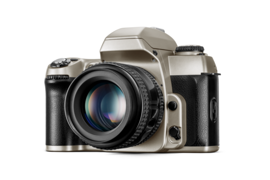 High-quality vintage SLR film photo camera isolated. Silver and black plastic color. Transparent PNG image.