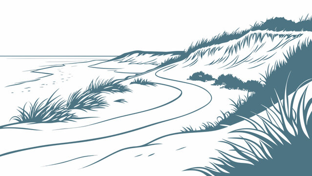 Stylized illustration of a winding path through grassy sand dunes leading to the ocean horizon