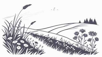 Stylized silhouette of rolling hills and wildflowers under a cloudy sky with birds