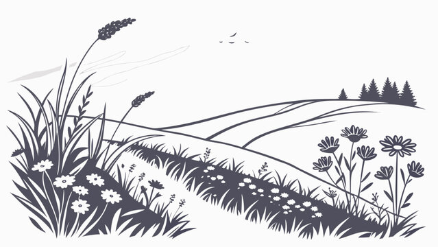 Stylized silhouette of rolling hills and wildflowers under a cloudy sky with birds