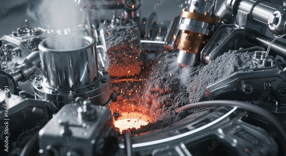 Poster detailed view of metal reactor components reacting with fine lunar regolith simulant highlighting hi