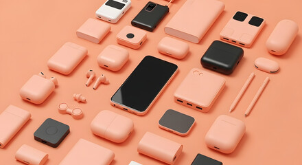 Assortment of modern electronic gadgets on peach background