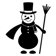 Black snowman with top hat and broom winter black and white