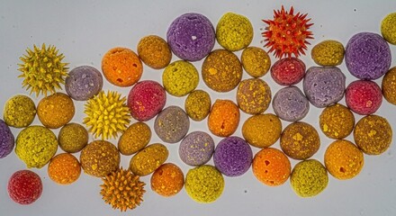 Diverse pollen grains in vibrant colors showcase nature's microscopic beauty and scientific detail