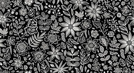 Seamless black and white floral pattern with hand-drawn flowers, leaves, and vines, perfect for textile prints, wallpaper, packaging design, and elegant decorative backgrounds © meeblues