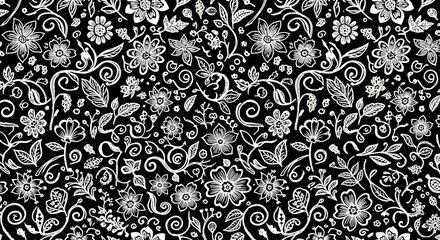 Seamless black and white floral pattern with hand-drawn flowers, leaves, and vines, perfect for textile prints, wallpaper, packaging design, and elegant decorative backgrounds