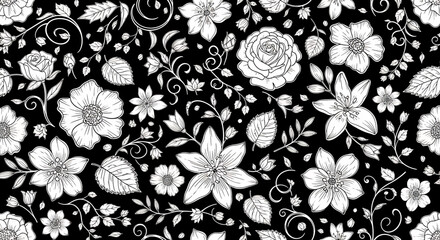Seamless black and white floral pattern with hand-drawn flowers, leaves, and vines, perfect for textile prints, wallpaper, packaging design, and elegant decorative backgrounds © meeblues