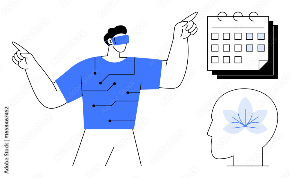 Aufkleber person using virtual reality and technology, connecting circuits for planning with a calendar. ideal