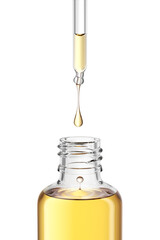 Drop of oil falling out of glass pipette into a open bottle isolated. 3D rendering illustration....