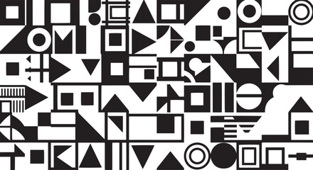 Seamless black and white geometric pattern with abstract shapes, circles, squares, and triangles, ideal for modern backgrounds, textile design, wallpaper, and digital art