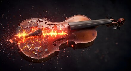 Fototapeta premium Broken Violin with Exploding Soundwave and Fiery Energy Burst in Dramatic Musical Concept Art