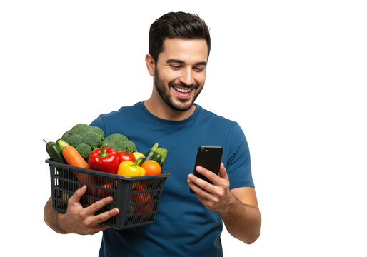 Man holding basket of fresh vegetables and using smartphone isolated on transparent background