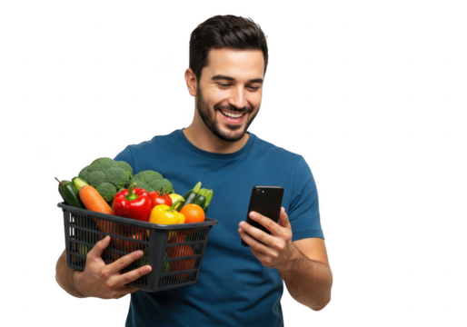 Man holding basket of fresh vegetables and using smartphone isolated on transparent background