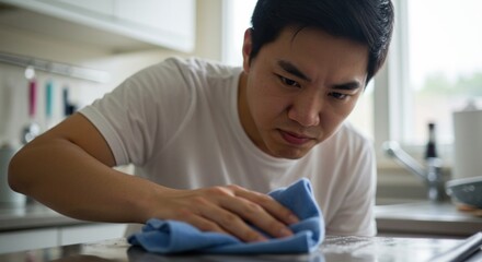 Man cleaning kitchen counter with blue cloth